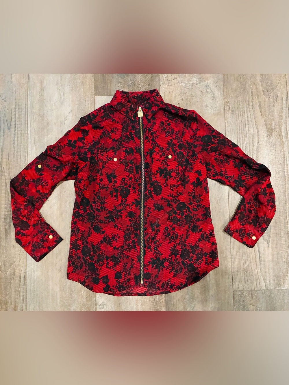 Michael Kors Red & Black Lace Zip Up Blouse Jacket Size Women Small